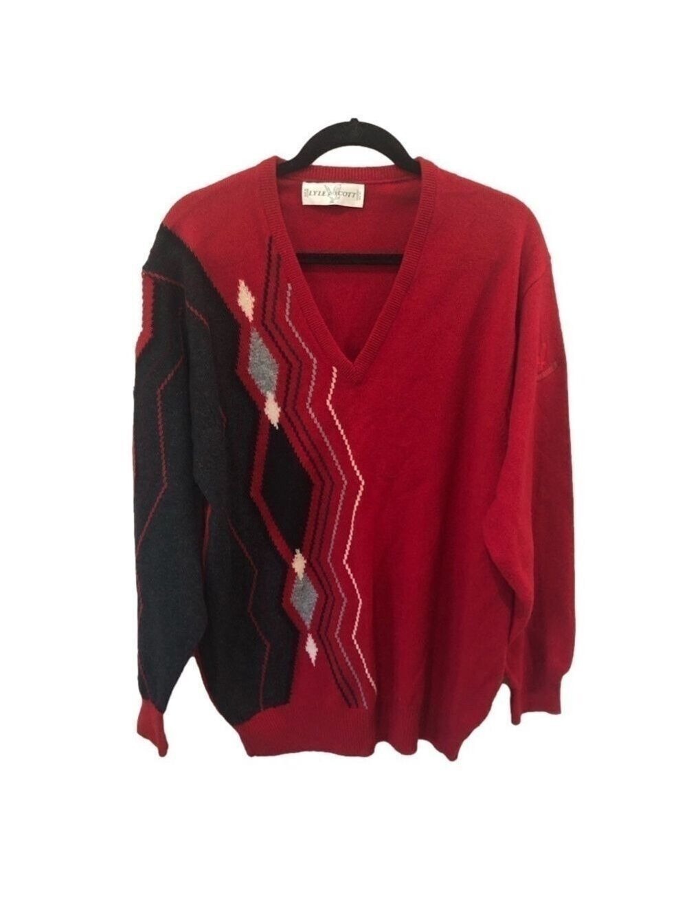 Lyle & Scott 100% wool v-neck solid and argyle red/black/white sweater. Vintage